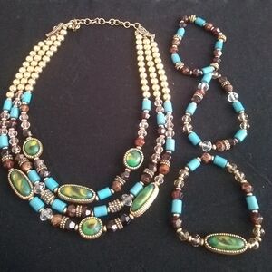 Vintage Chico's 3/Strand Necklace/3 Bracelets /Blue/GreenTurquoise/Acrylic Beads